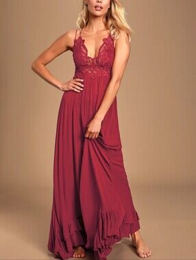 Free People Arabella Maxi Boho Dress Berry Red Smocked Lace Whimsigoth Fairy